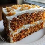 Close-up of a moist, two-layer slice of carrot cake recipe with cream cheese frosting and carrot topping.