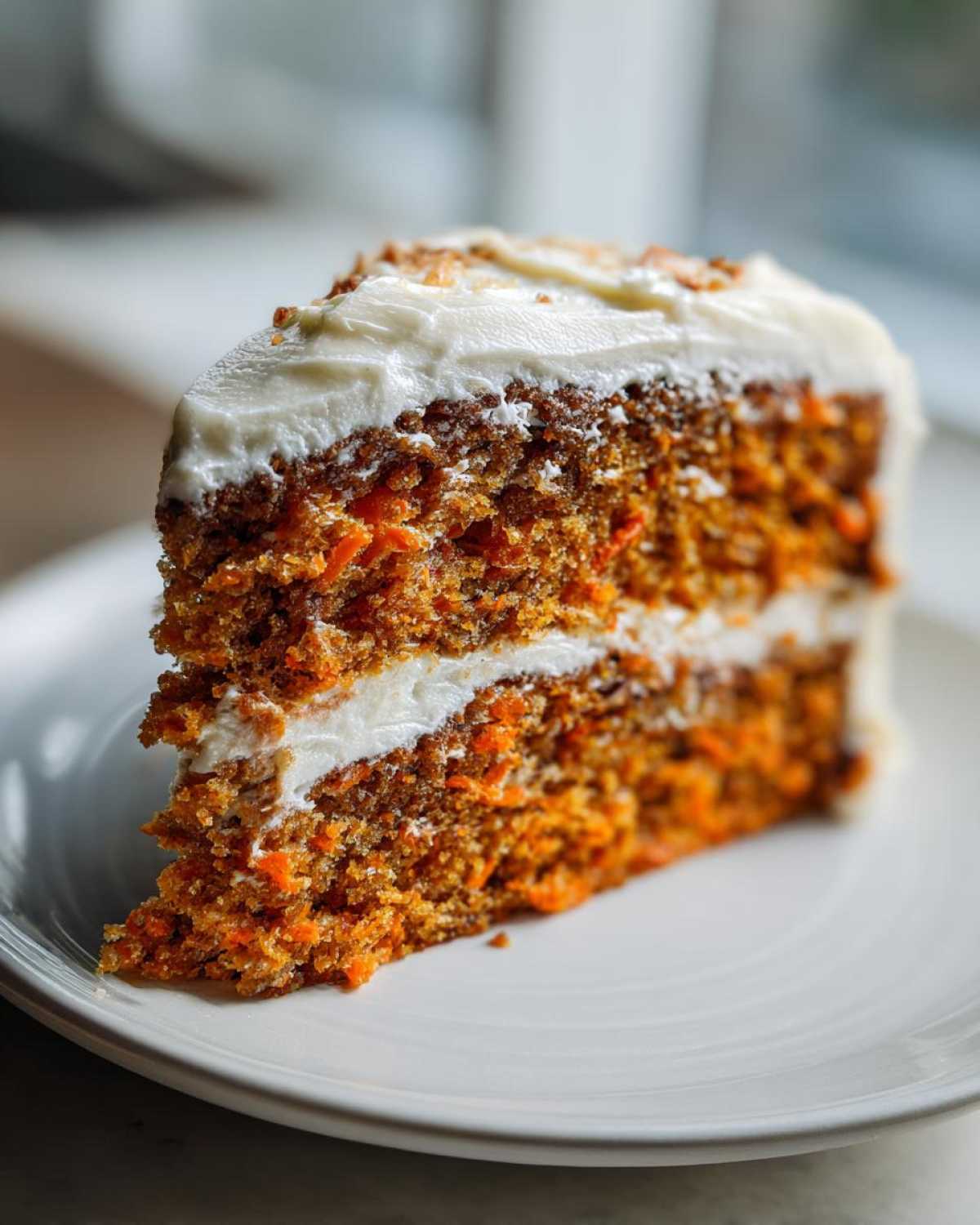 Close-up of a moist slice of carrot cake recipe with thick cream cheese frosting layers.