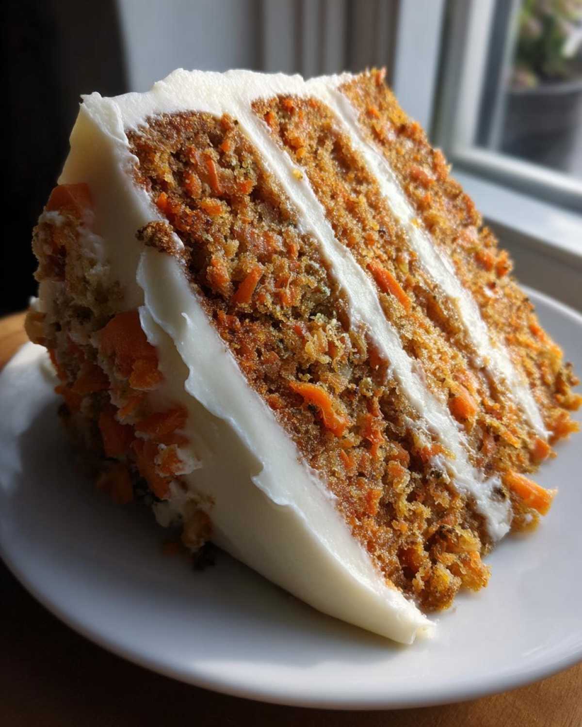 Close-up of a moist slice of carrot cake recipe layered with thick cream cheese frosting.