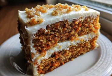 Close-up of a moist, two-layer slice of carrot cake recipe with cream cheese frosting and carrot topping.