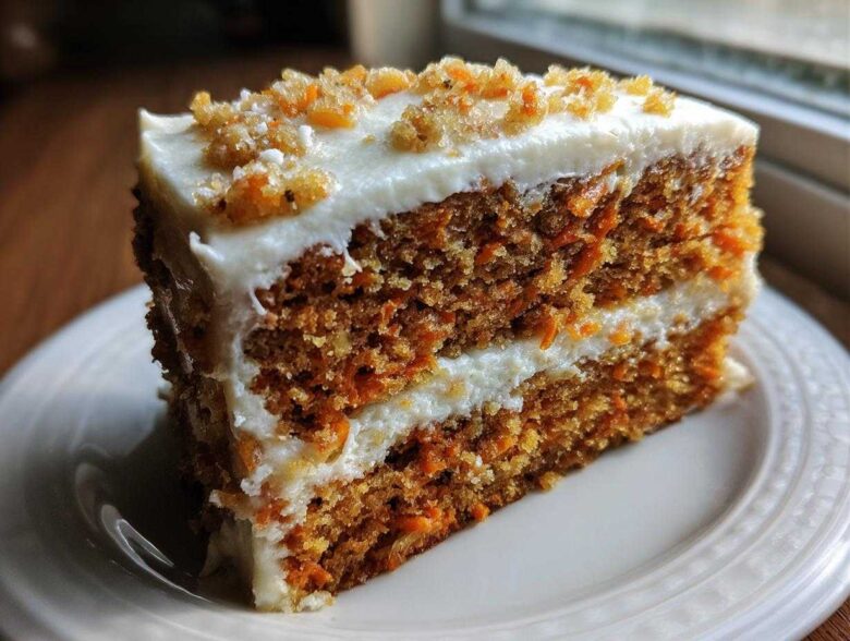 Close-up of a moist, two-layer slice of carrot cake recipe with cream cheese frosting and carrot topping.