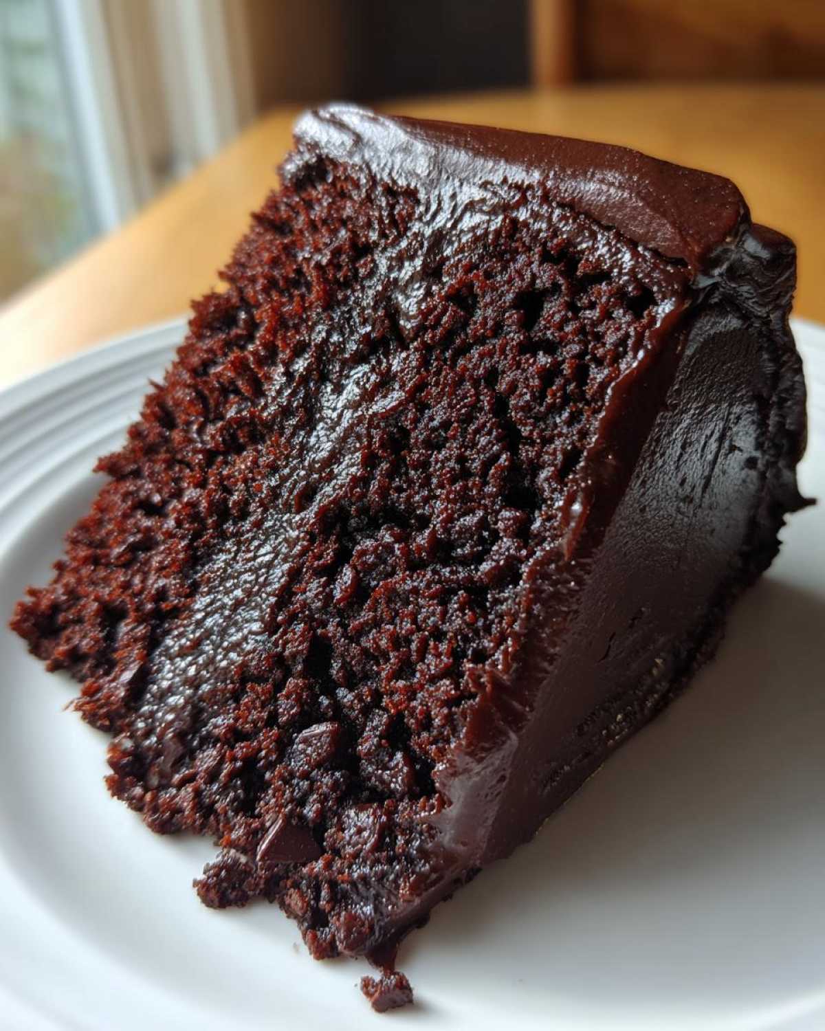 Close-up of a very moist slice of rich chocolate fudge cake topped with thick, glossy chocolate frosting.