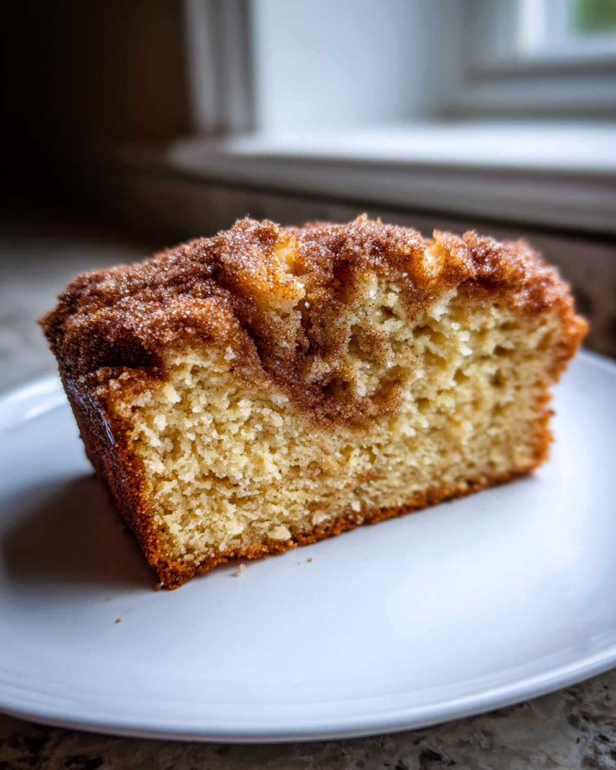 Close-up of a moist slice of snickerdoodle zucchini bread with a thick cinnamon sugar topping.