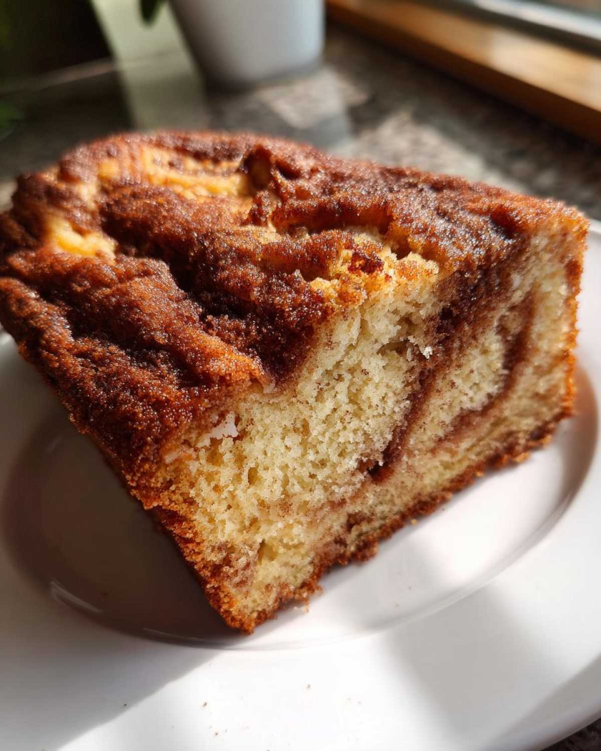 Close-up of a moist slice of snickerdoodle zucchini bread showing a rich cinnamon swirl pattern.