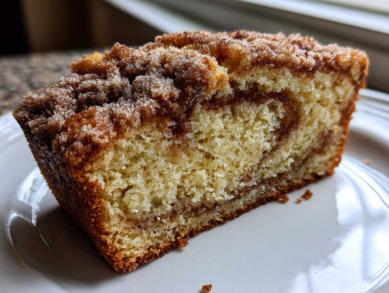 Close-up of a moist slice of snickerdoodle zucchini bread with a cinnamon swirl and crumb topping.