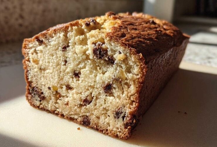 Close-up of a freshly baked slice of vegan banana bread showing a moist crumb and visible chocolate chips.