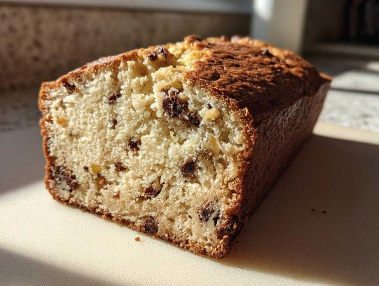 Close-up of a freshly baked slice of vegan banana bread showing a moist crumb and visible chocolate chips.