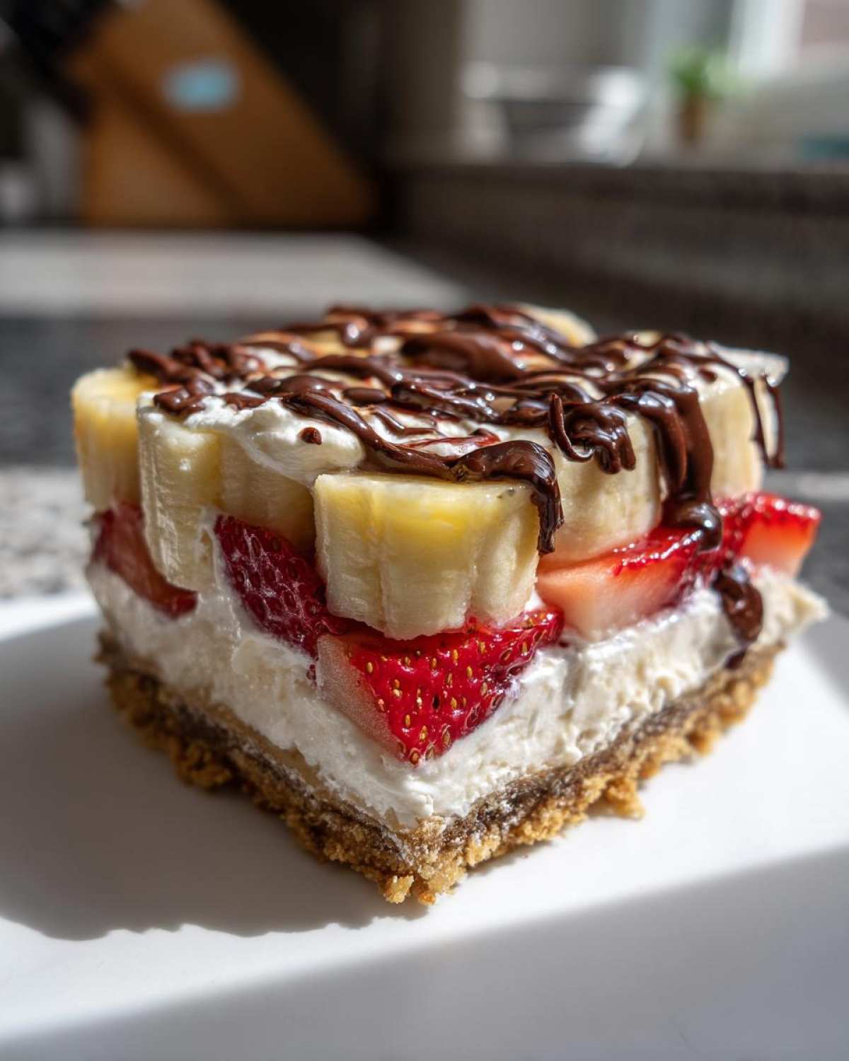 A close-up slice of no-bake banana split cake featuring a graham cracker crust, cream filling, strawberries, bananas, and chocolate drizzle.
