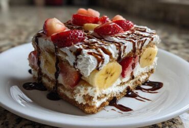 A decadent slice of no-bake banana split cake layered with cream, strawberries, and bananas, drizzled with chocolate sauce.