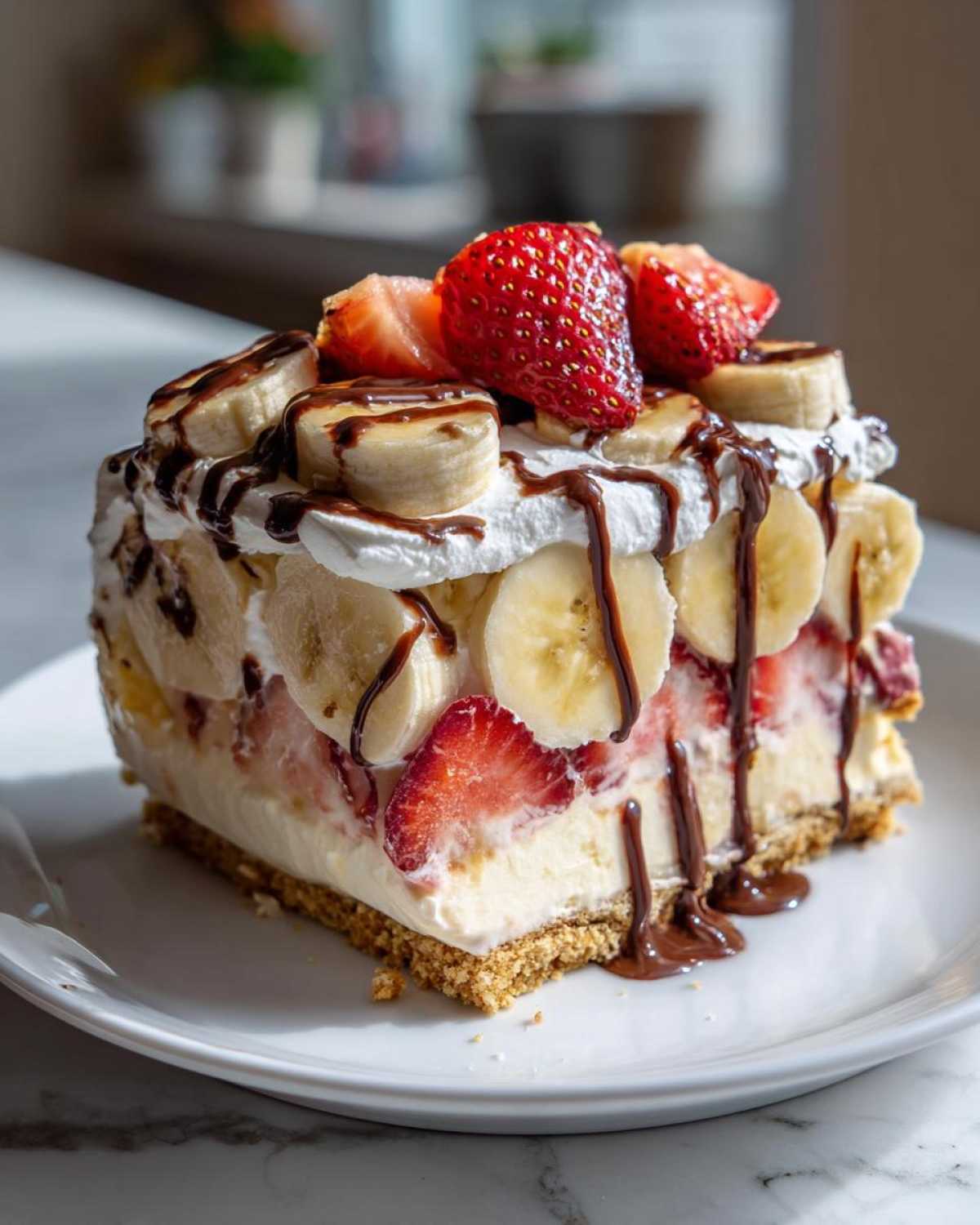 A decadent slice of no-bake banana split cake featuring a graham cracker crust, creamy filling, bananas, strawberries, and chocolate drizzle.