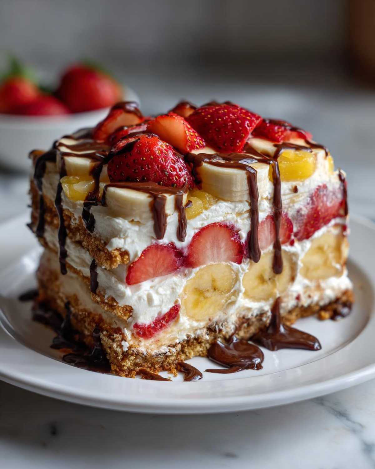 A rich slice of no-bake banana split cake layered with cream, bananas, strawberries, and drizzled heavily with chocolate sauce.