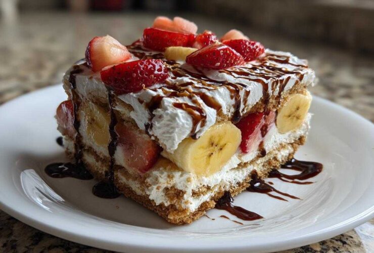 A decadent slice of no-bake banana split cake layered with cream, strawberries, and bananas, drizzled with chocolate sauce.