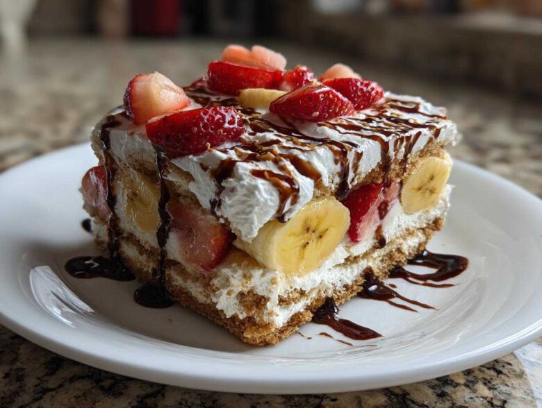 A decadent slice of no-bake banana split cake layered with cream, strawberries, and bananas, drizzled with chocolate sauce.
