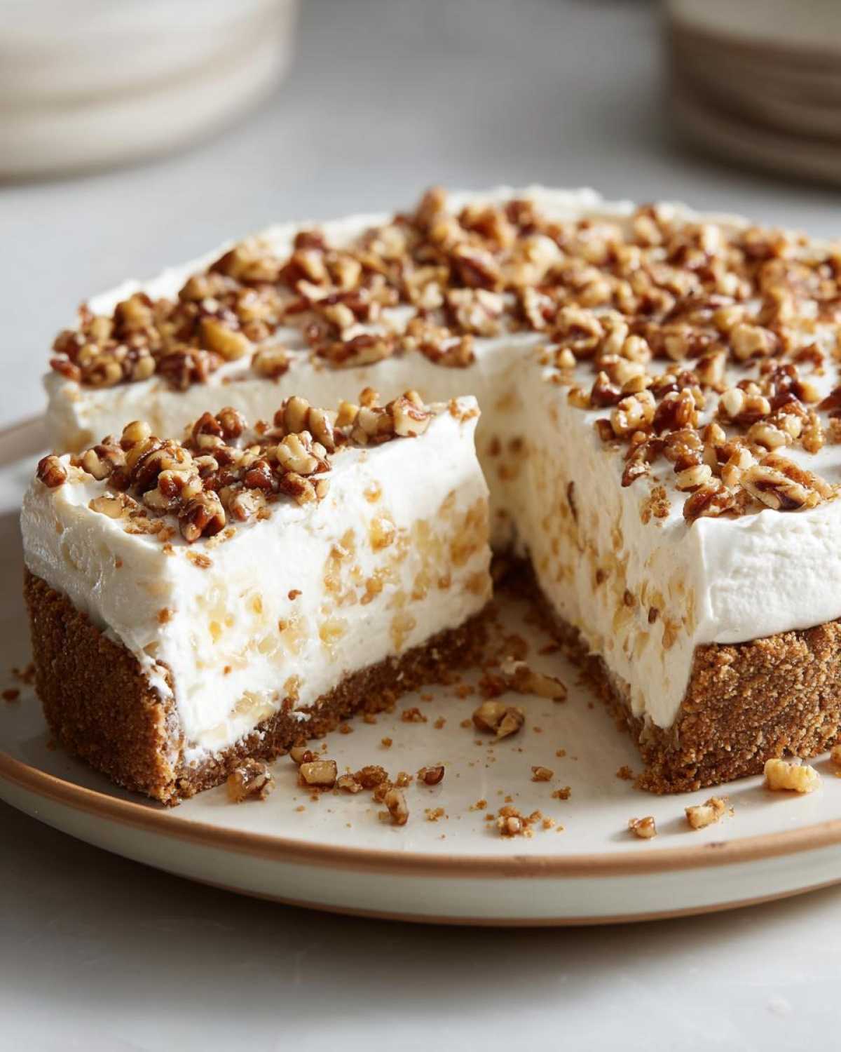 A slice cut from a no-bake million dollar pie showing a creamy filling, graham cracker crust, and pecan topping.