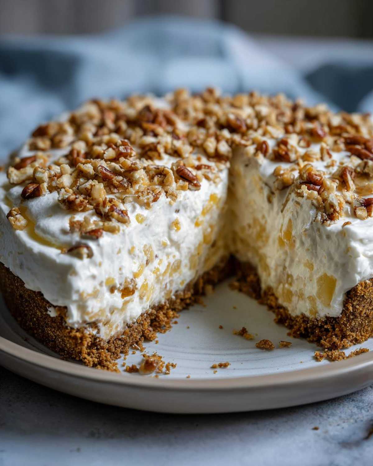 A close-up of a slice removed from a no-bake million dollar pie, showing the creamy filling and graham cracker crust topped with chopped pecans.