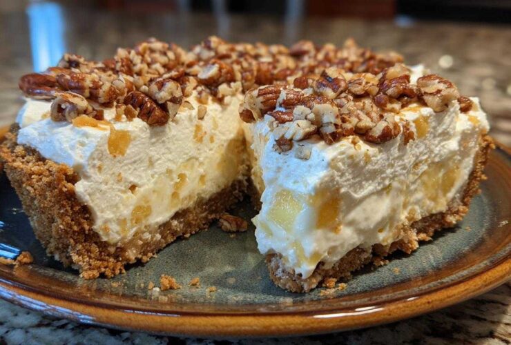 A thick slice of no-bake million dollar pie showing a creamy filling, graham cracker crust, and pecan topping.