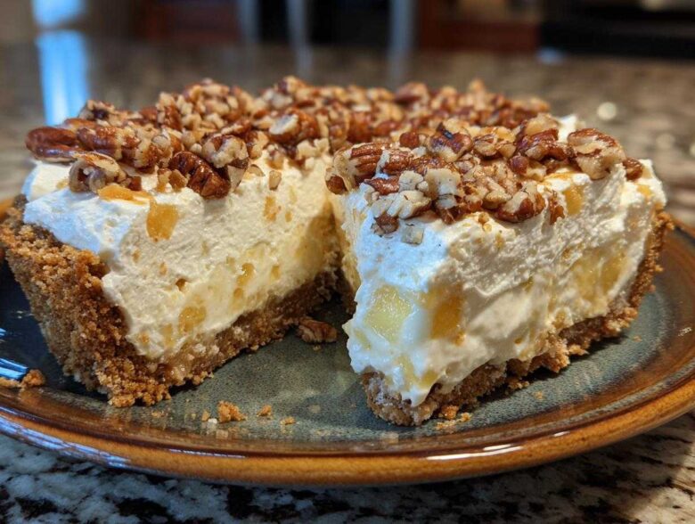 A thick slice of no-bake million dollar pie showing a creamy filling, graham cracker crust, and pecan topping.