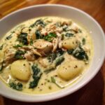 A close-up view of a bowl of creamy olive garden chicken gnocchi soup with spinach and herbs.