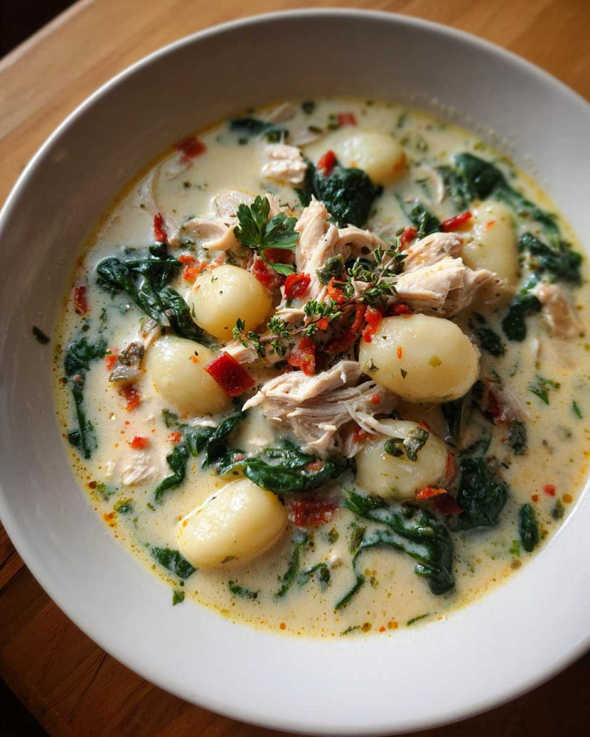 A close-up of a bowl filled with creamy olive garden chicken gnocchi soup, featuring gnocchi, shredded chicken, and spinach.