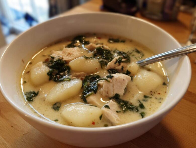 Close-up of a white bowl filled with creamy olive garden chicken gnocchi soup, featuring large gnocchi and spinach.