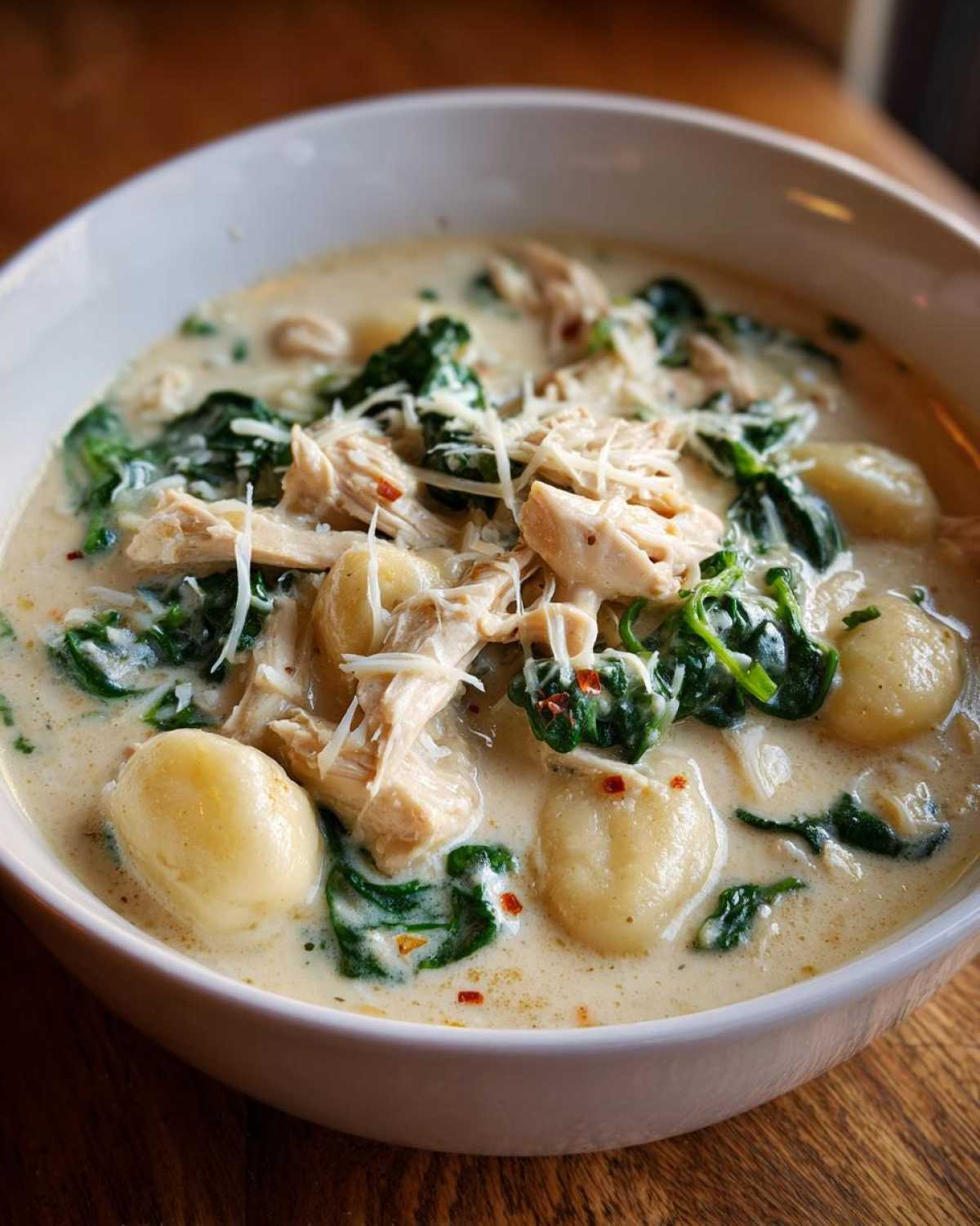 Close-up of a bowl of creamy olive garden chicken gnocchi soup topped with shredded chicken, spinach, and Parmesan cheese.