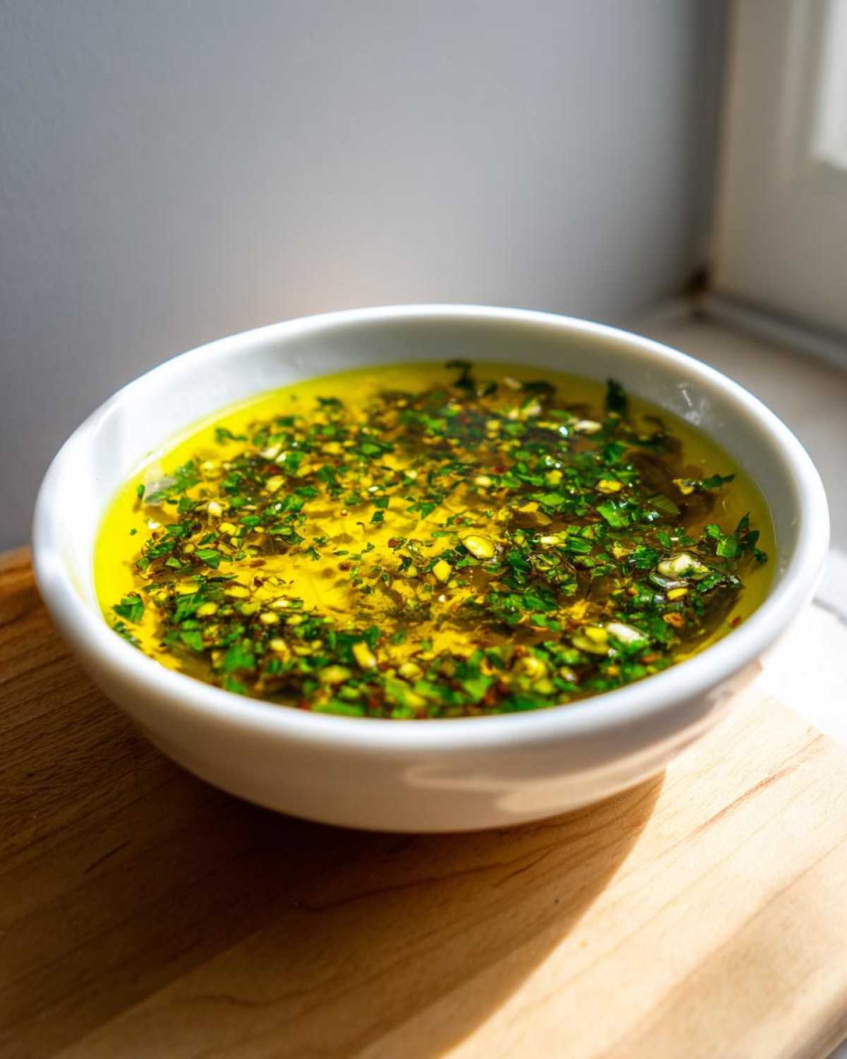 A white bowl filled with vibrant olive oil bread dip, topped with fresh green herbs and spices.