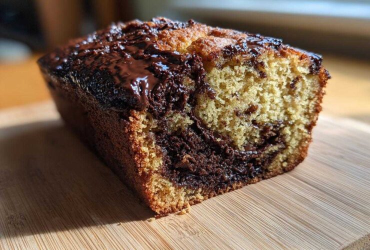 A close-up of a freshly baked chocolate bread loaf with a marbled interior and melted chocolate glaze on top.