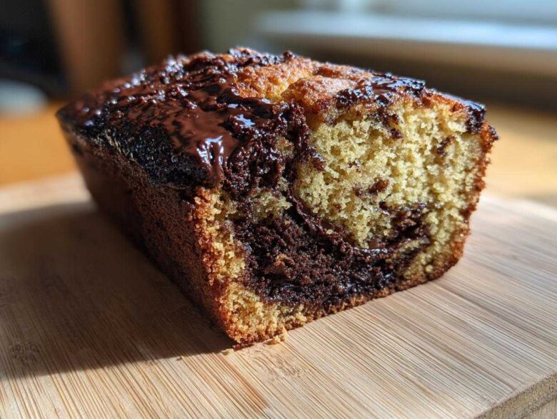 A close-up of a freshly baked chocolate bread loaf with a marbled interior and melted chocolate glaze on top.