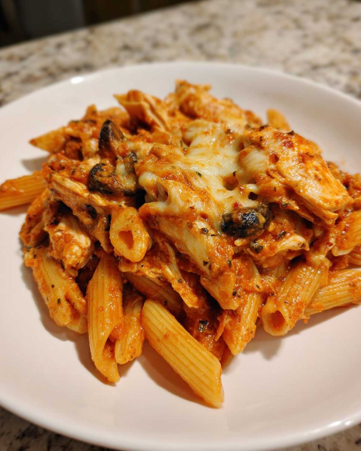 Close-up of a serving of cheesy enchilada pasta with penne, chicken, and melted mozzarella on a white plate.