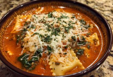 A close-up of a rich tomato broth one pot lasagna soup filled with ravioli, spinach, and topped with shredded cheese and parsley.
