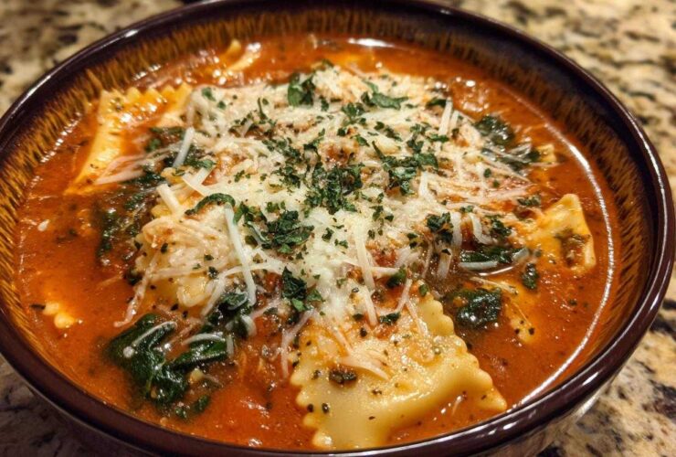 A close-up of a rich tomato broth one pot lasagna soup filled with ravioli, spinach, and topped with shredded cheese and parsley.