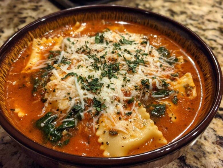 A close-up of a rich tomato broth one pot lasagna soup filled with ravioli, spinach, and topped with shredded cheese and parsley.