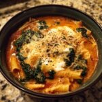 Close-up of a bowl of creamy one pot lasagna soup topped with ricotta, spinach, and grated parmesan.