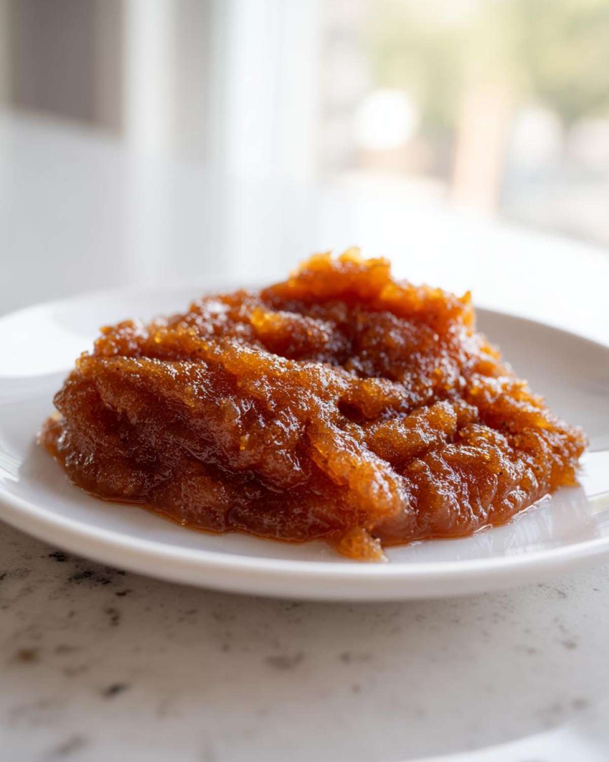 A dollop of thick, dark amber homemade pear butter resting on a white plate.