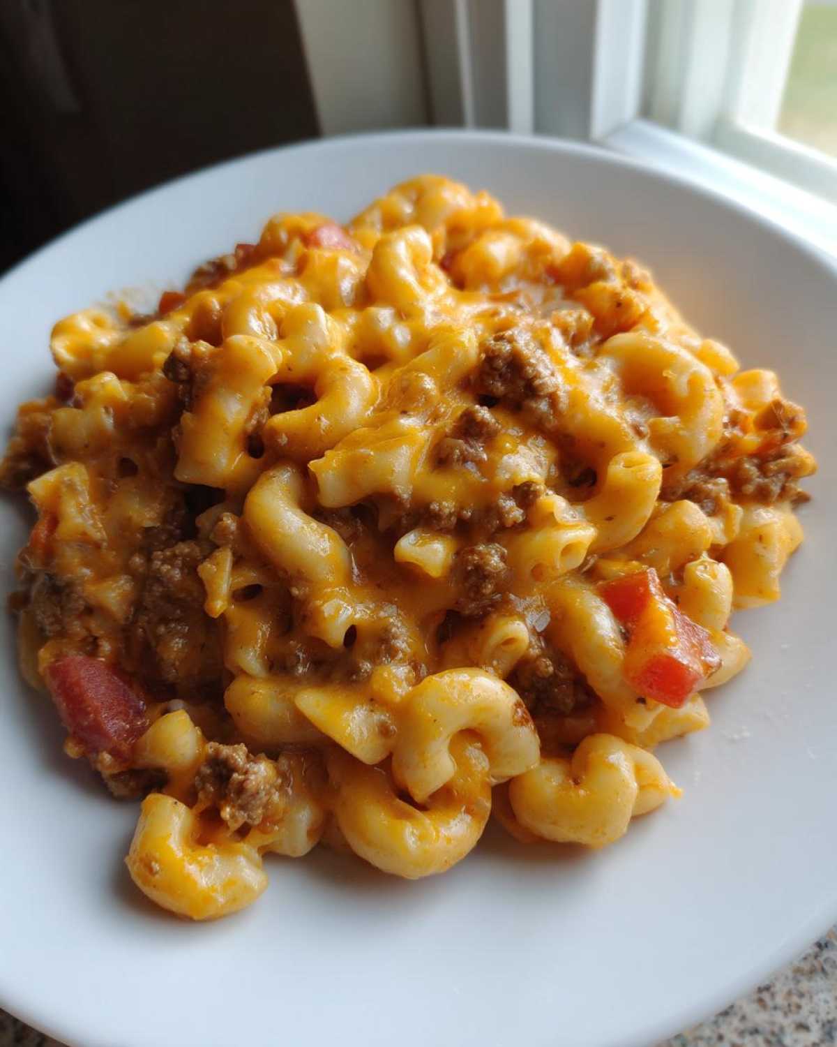 A close-up of a serving of cheesy taco pasta made with elbow macaroni, ground beef, and melted cheddar cheese.