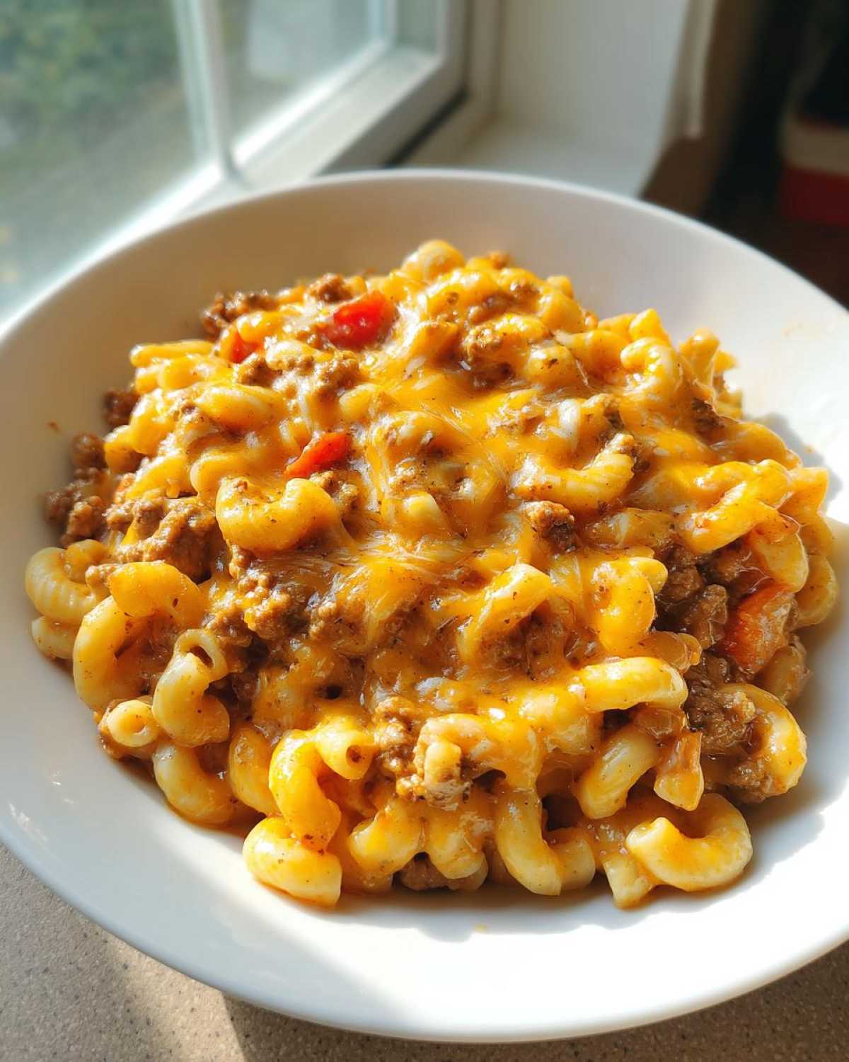 Close-up of a bowl of creamy, cheesy taco pasta with ground beef and melted cheddar.