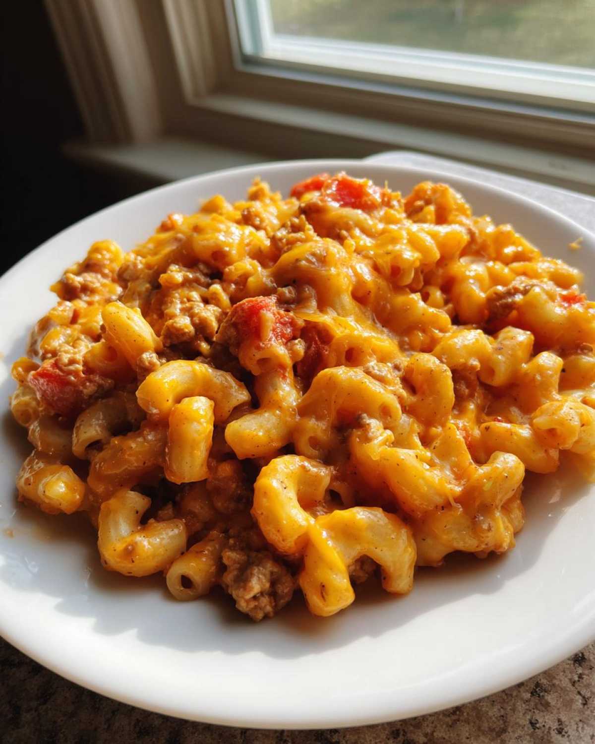 Close-up of a serving of cheesy, saucy taco pasta with ground meat and tomatoes on a white plate.