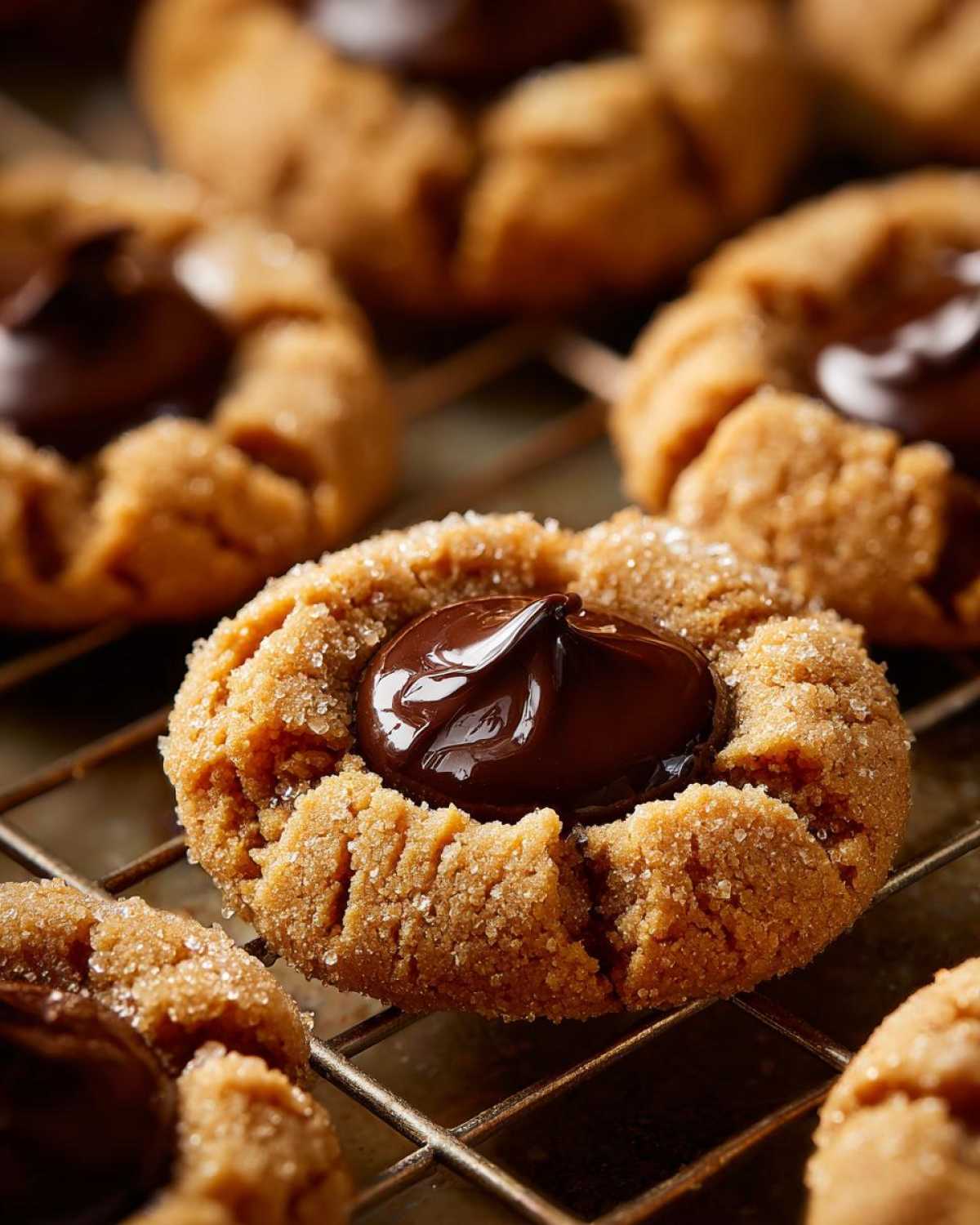 A close-up of a freshly baked peanut butter blossom cookie rolled in sugar with a dollop of melted chocolate in the center.