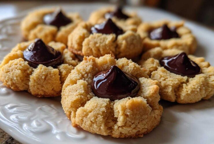 A plate of freshly baked peanut butter blossom cookies with a dollop of melted chocolate in the center.