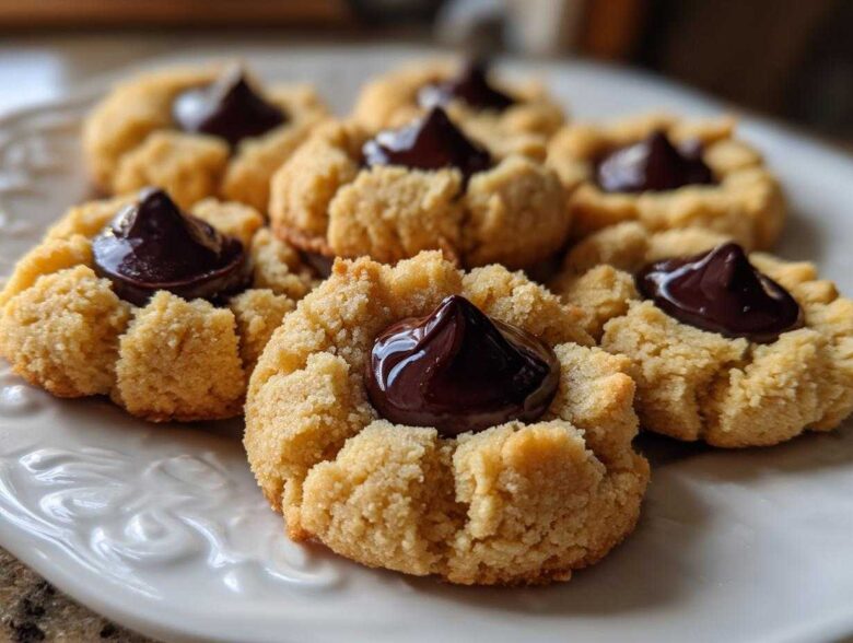A plate of freshly baked peanut butter blossom cookies with a dollop of melted chocolate in the center.