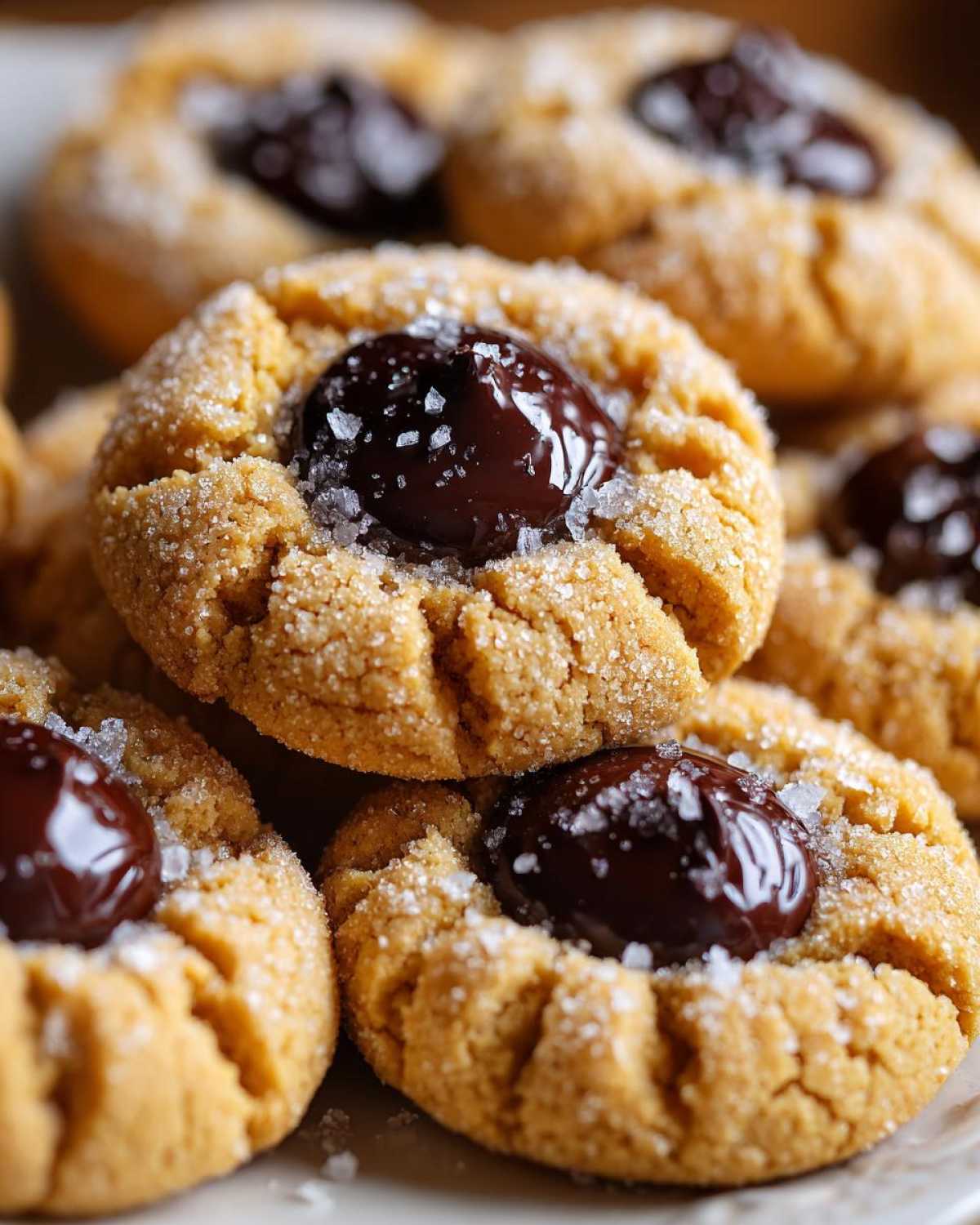 Close-up of several freshly baked peanut butter blossom cookies, rolled in sugar and topped with melted chocolate.