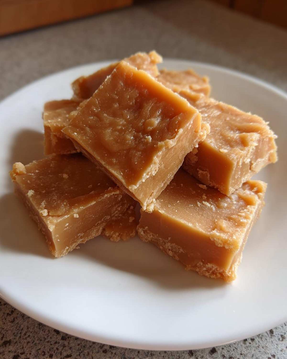 Close-up of several squares of rich, caramel-colored penuche fudge stacked on a white plate.