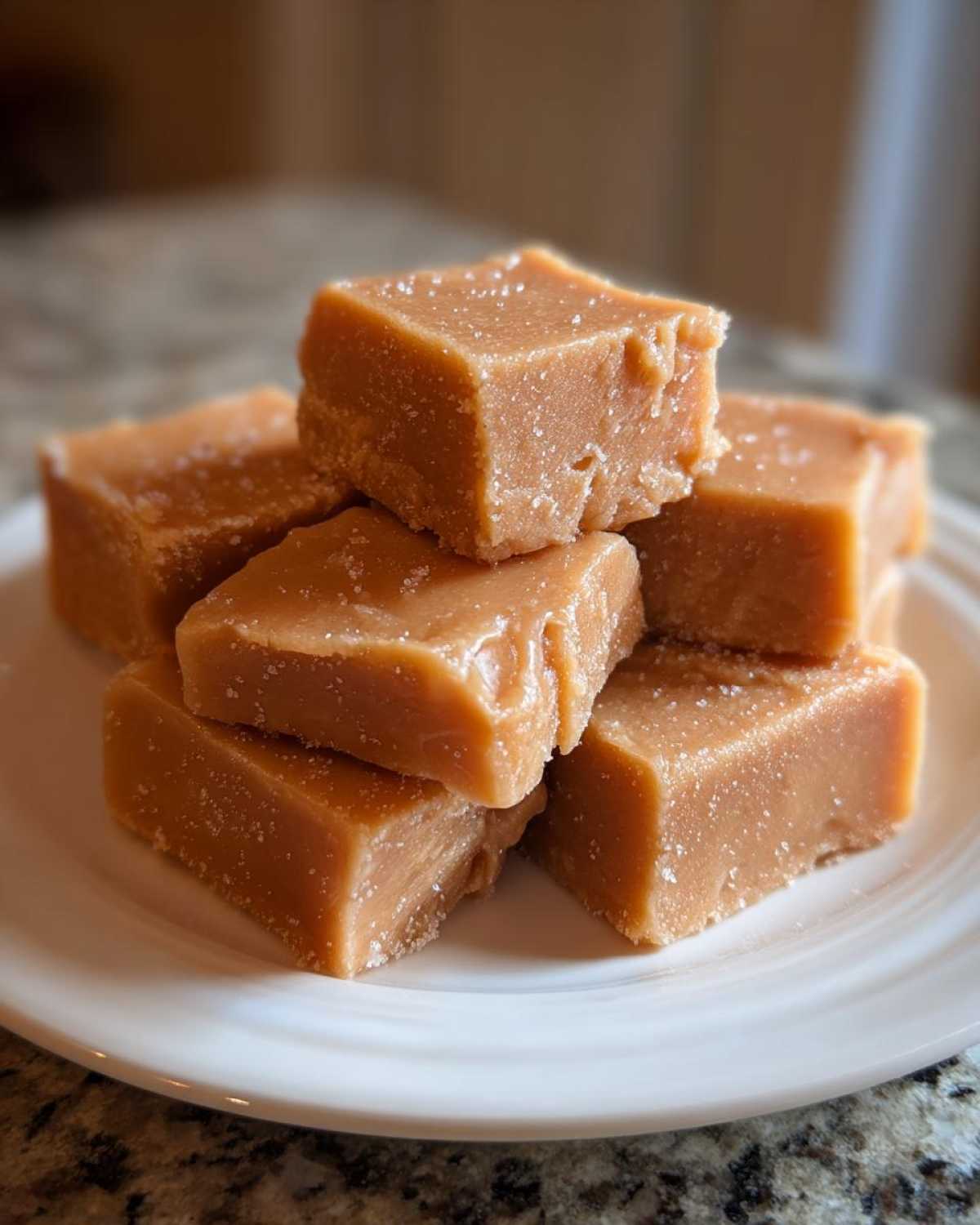 A stack of perfectly cut, light brown penuche fudge squares sprinkled with sugar crystals on a white plate.