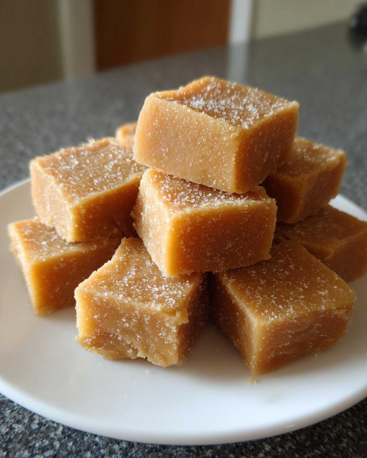 Close-up of stacked, golden-brown penuche fudge squares sprinkled with sugar on a white plate.