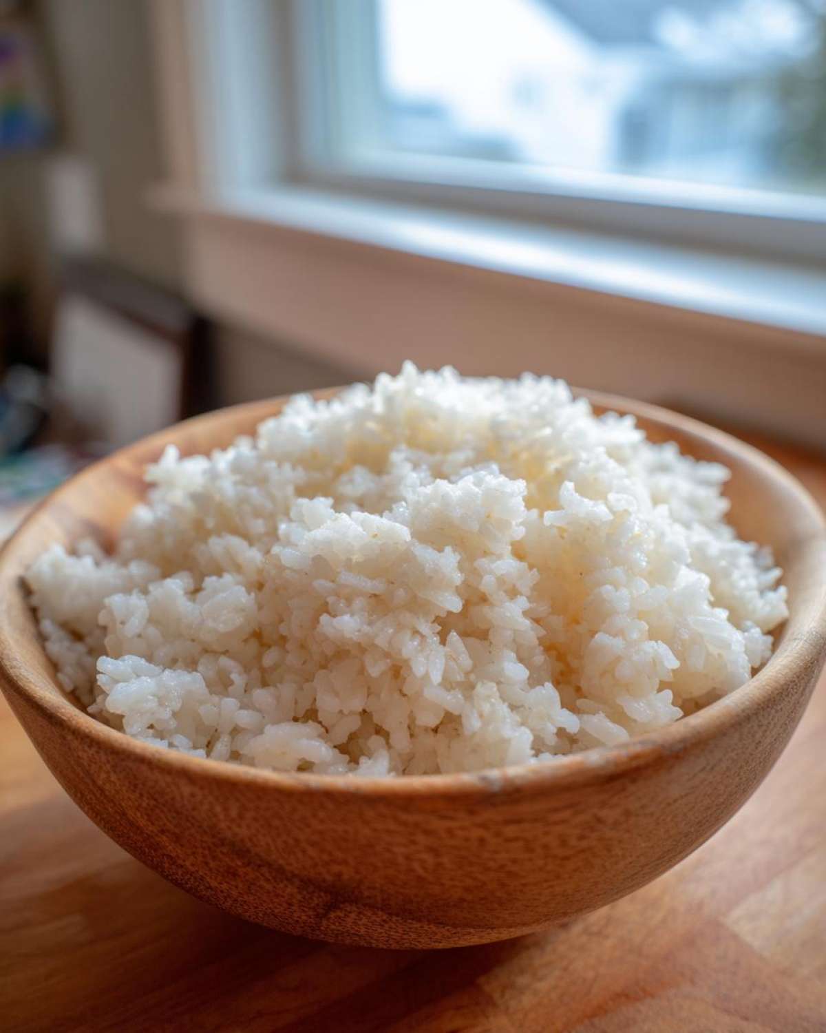 Close-up of fluffy, perfectly cooked sushi rice mounded high in a natural wooden bowl.