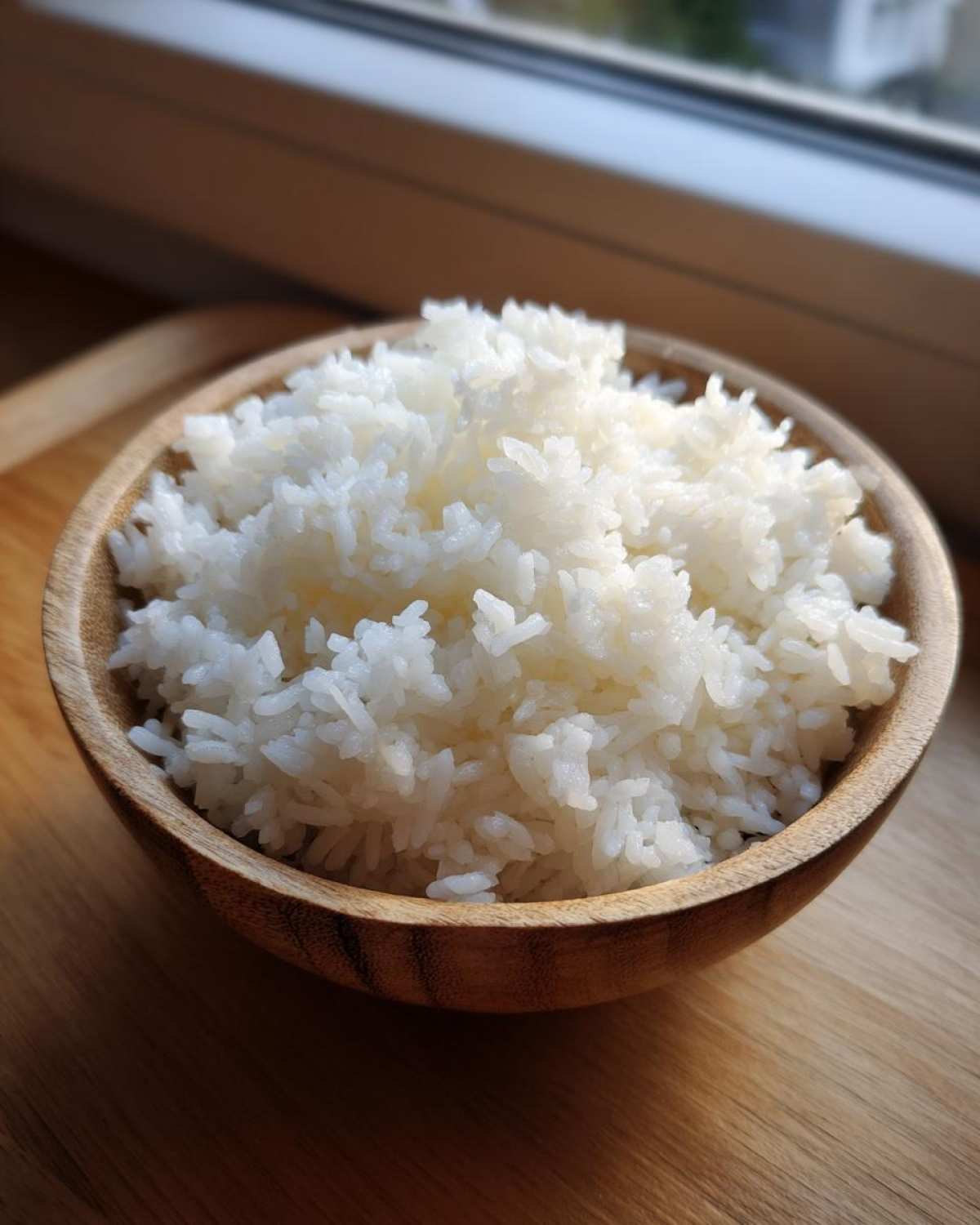 Close-up of fluffy, white sushi rice perfectly cooked and served in a small wooden bowl.