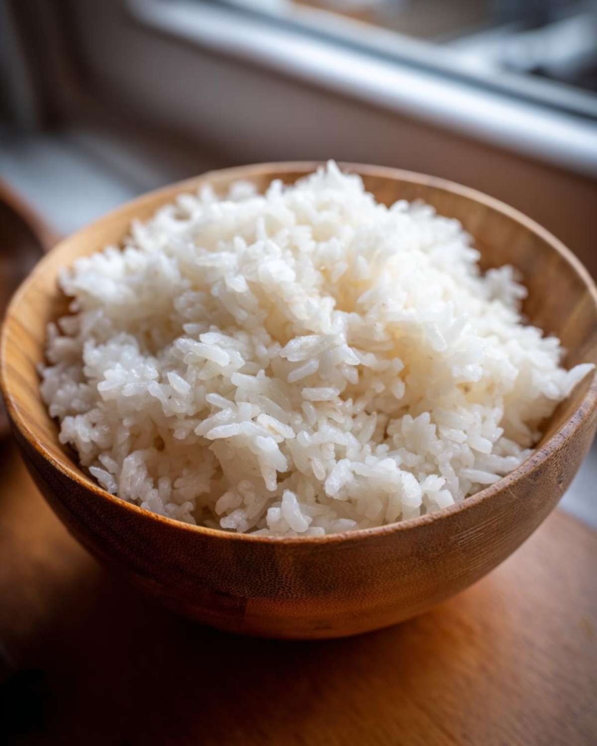 Close-up of fluffy, perfectly cooked sushi rice steaming slightly in a small wooden bowl.