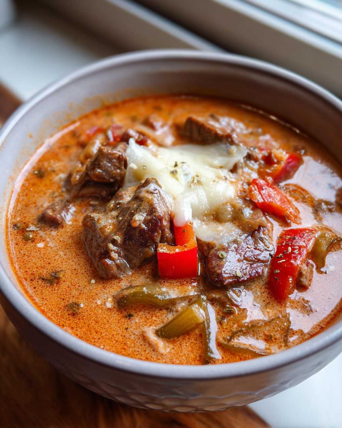 Close-up of a hearty bowl of philly cheese steak soup, featuring chunks of beef, peppers, and melted provolone cheese on top.