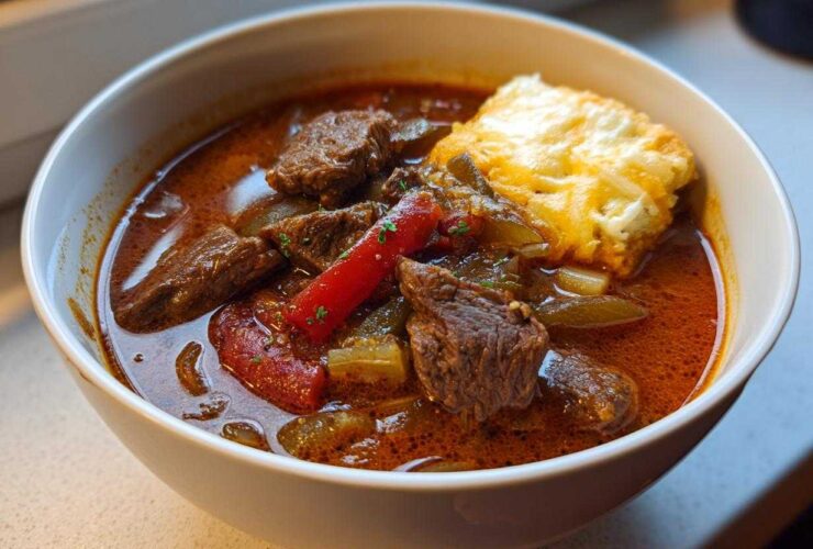 Close-up of a white bowl filled with rich, reddish-brown philly cheese steak soup featuring chunks of beef, peppers, and a cheesy topping.