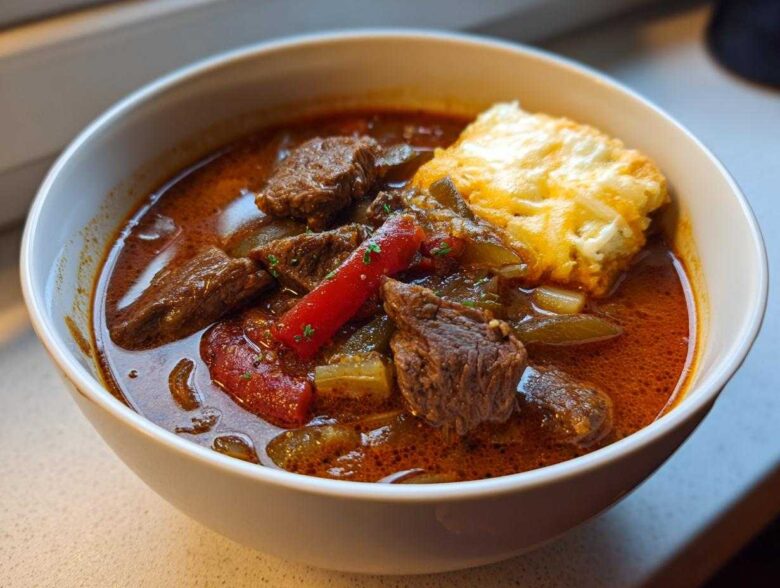 Close-up of a white bowl filled with rich, reddish-brown philly cheese steak soup featuring chunks of beef, peppers, and a cheesy topping.